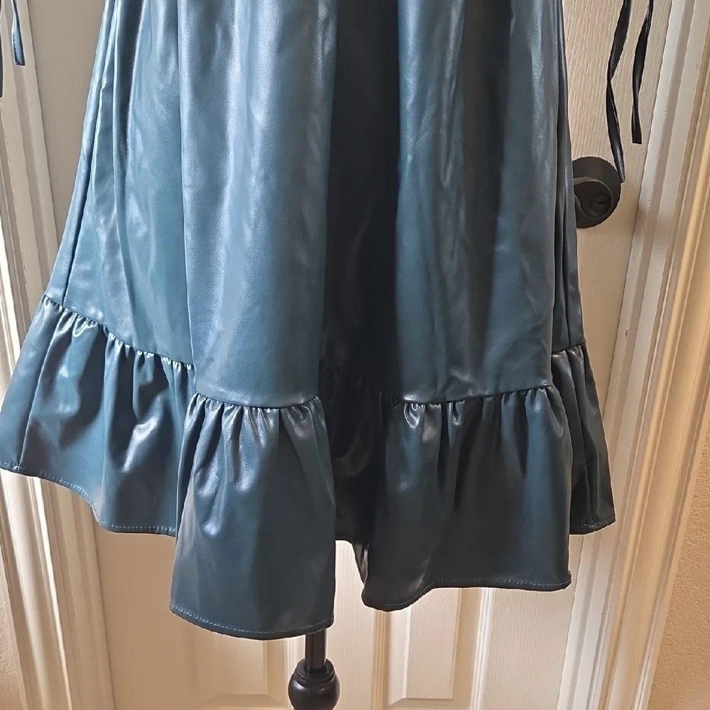 Chic Dark Green Faux Leather Puff Sleeve Mini Dress - Picture 11 of 16